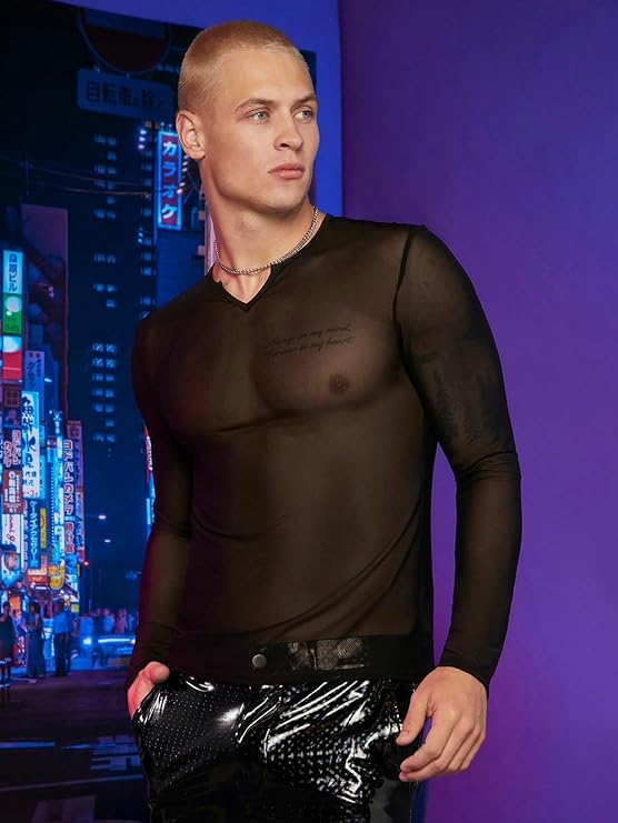 Sheer mesh long-sleeve shirt with a notched V-neck